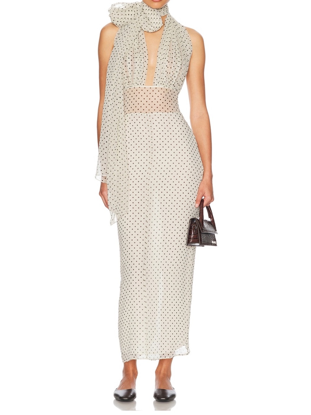 Sleeveless Ivory Maxi Dress with Black Polka Dots and Scarf Detail Helsa